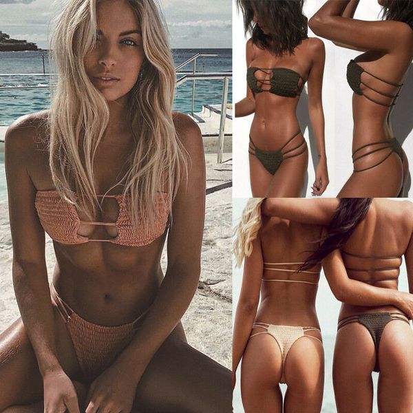 

ladies bandage bikini set crinkle wrinkled solid two-piece swimwear 2 color triangle swimsuit, White;black