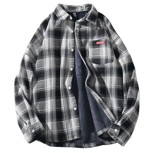 

plaid shirts men dress shirt button up long sleeve clothing streetwear regular fit casual clothes man winter fleece warm thick, White;black