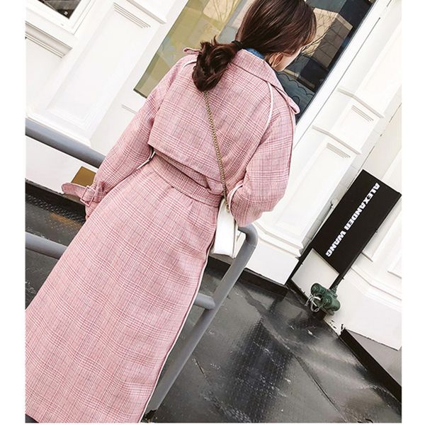 

women's trench coats plaid pink long windbreaker female over the knee coat 2021 spring belt sweet version of wild loose leisure, Tan;black