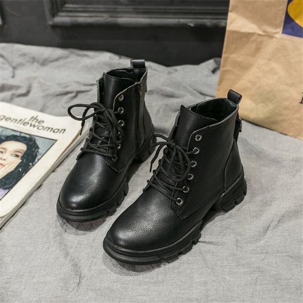 

2019 женские сапоги утолщаются теплая зима снегоступы зашнуровать утолщаются нескользящая молния кожаная обувь для студентов женщин l916, Black