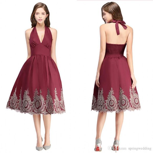 

in stock burgundy women cocktail dresses gold appliques halter neck backless short evening homecoming ress formal party prom gowns cps570, Black
