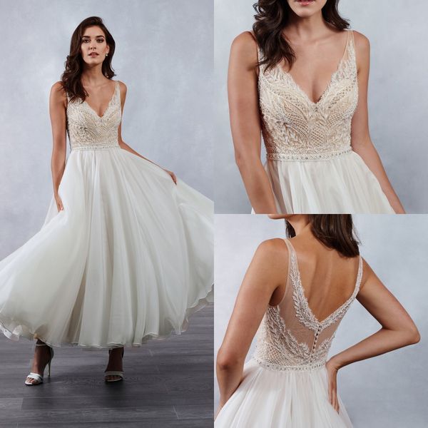 

2019 ankle length boho wedding dresses v neck lace appliqued beads wedding gowns tulle bohemian country bridal dress, White