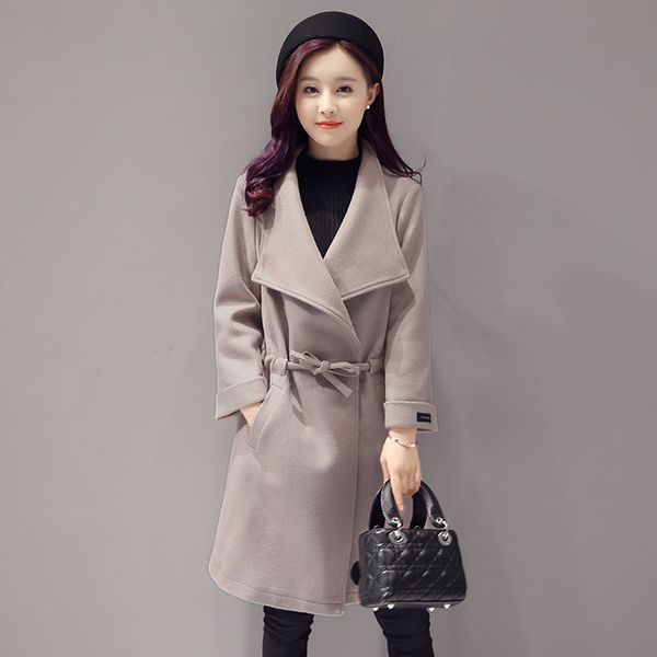 

office lady belt long women wool coat slim turn-down collar winter jacket sashes cashmere coat 2018, Black