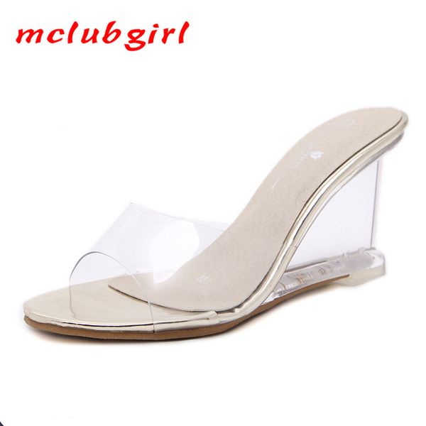 

mclubgirl 2020 shoes women heels 8cm wedge heel sandals shoes women's sandals transparent crystal women slippers sandals summer t200618, Black