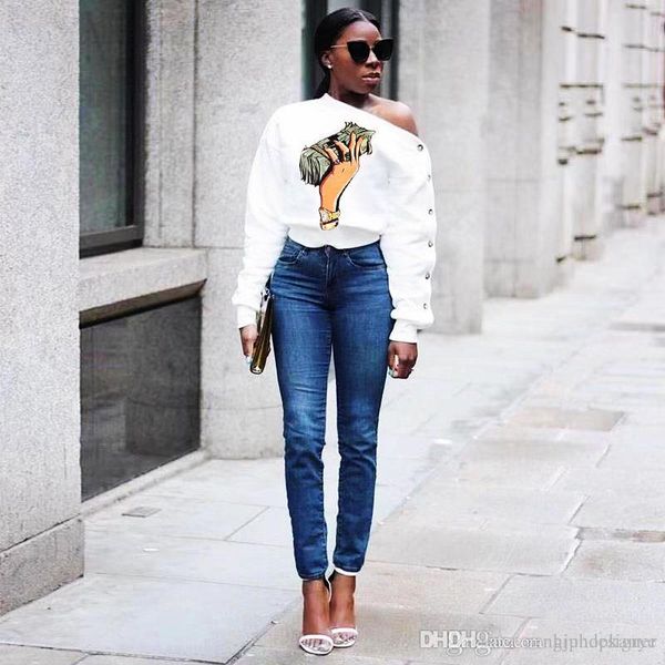 

womens autumn designer tshirts sloping shoulder dollar print long sleeve fashion style female clothing casual apparel, White