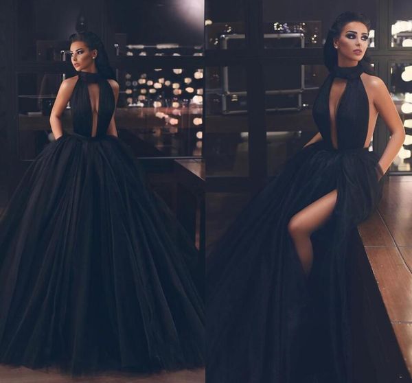 

sexy щелевая холтер puffy пром платья backless тюль формальные коктейль платье длиной до пола, вечернее платье бальное платье сшитое, Black