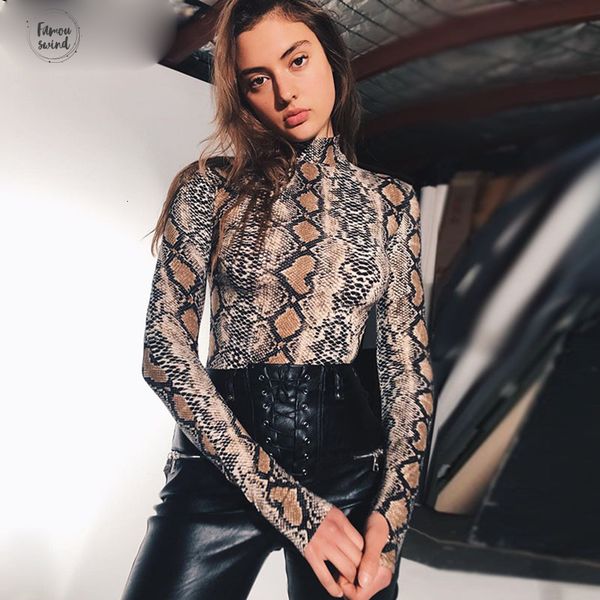 

зима осень женщины bodysuit sexy водолазка тела змея с длинным рукавом тощий печати подходит для печати casual bodycon легкий костюм с шорта, Black;white