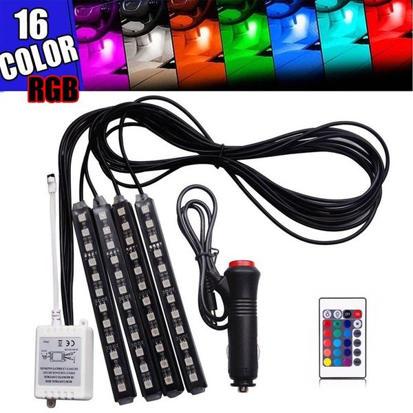 

4x 9 led rgb 16 colors car interior atmosphere decorative light strip ir remote