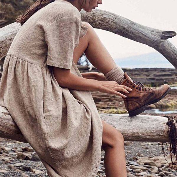 

womens dress solid straight mid calf dress minimalist autumn button short sleeve cotton and linen dress vestido 423, Black;gray