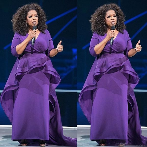 

Plus Size African 2k18 Purple Sheath Prom Dresses V Neck 3/4 Long Sleeves Ruffles Sexy Prom Evening Gowns Formal Dress Party Gowns
