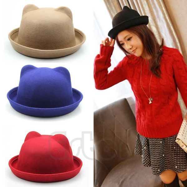 

chic women parent-child ear cap cat wool fedora hats, Blue;gray