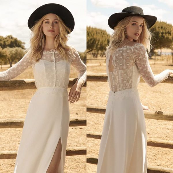 2020 Modest Rembo Styling Bohemian Bateau Manica lunga Hollow Side Split Abiti da sposa Abiti da sposa in pizzo Lunghezza del pavimento robe de mari￩e