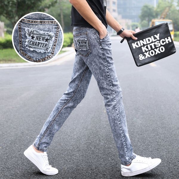 

fashion 2019 spring autumn casual elastic skinny jeans men snowflakes feet youth casual grey teenagers hip hop pencil pants, Blue