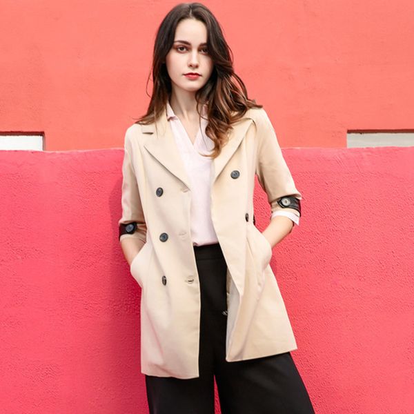 

ewq] england style turn-down collar double breasted half sleeve trend coat feminino khaki long trench coat slim outwear qk646, Tan;black