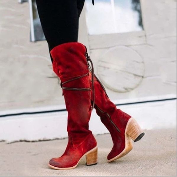 

2019 new flock leather women over the knee boots lace up high heels autumn woman shoes winter women boots size 35-43, Black