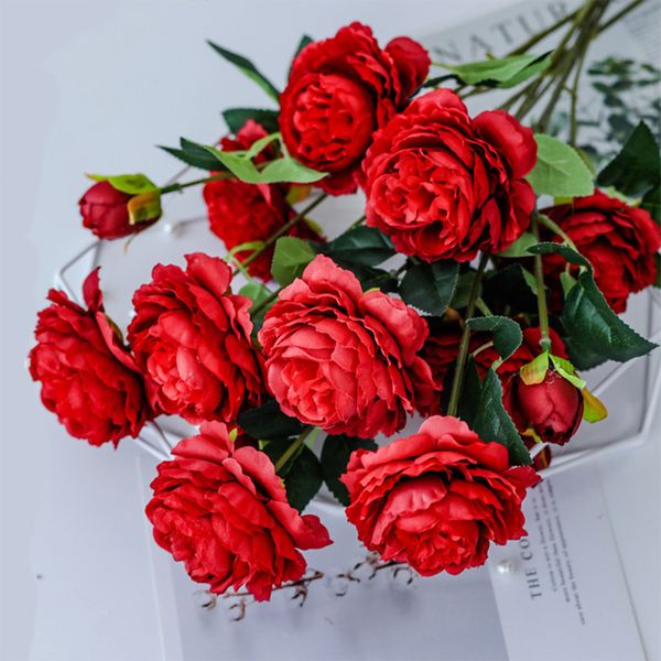 

party artificial flower diy 3 heads arrangement lifelike wedding decor fake peonies garden indoor floral gifts home desktop