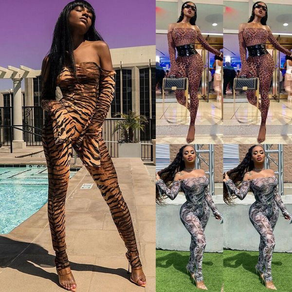 

fashion casual women mesh sheer leopard print ruffle long sleeve slash neck long jumpsuit romper clubwear, Black;white