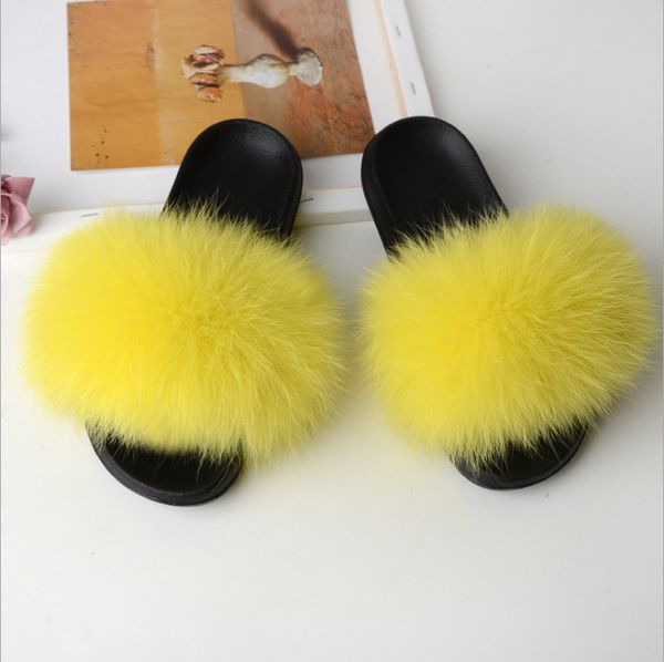 

new fashionable girl fox fur slide slippers524, Black