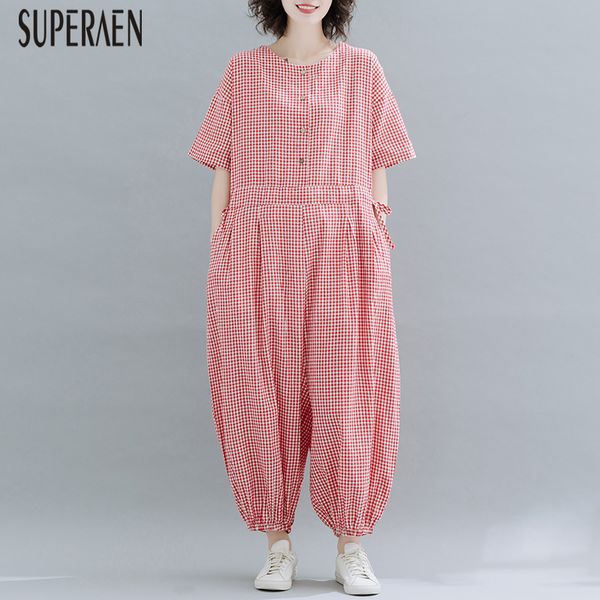 

superaen корейский стиль женские комбинезоны новый 2020 лето дикий повседневные женские комбинезоны хлопок и лен плед женская одежда, Black;white