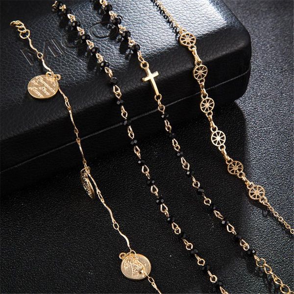 

simple and popular bracelets alloy round cross hollow wristlet chain 5 piece bracelet fashion jewelry wristband exquisite joyas, Black