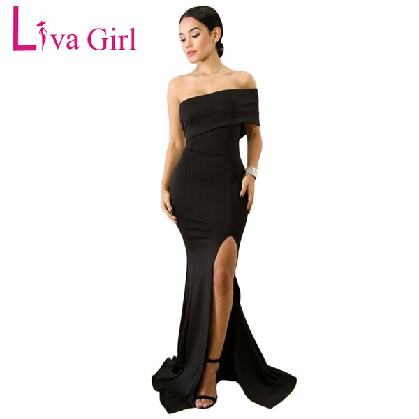 

liva girl sexy одно плечо вечернее длинное платье 2019 лето женщины один рукав щелевая партии bodycon maxi платья мантия femme vestidos, Black;pink