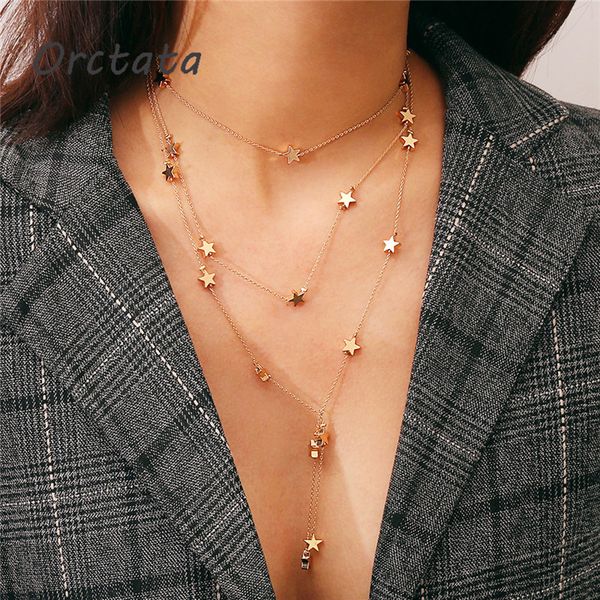 

star long chokers necklace for women gold layered chain bohemian necklace pendants vintage fashion jewelry girls accessories, Silver