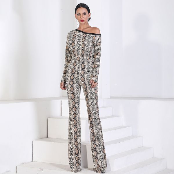

womens jumpsuit jumpsuits for women new fashion 2019 long sleeve off shoulder snake jumpsuit print elegant playsuit drop shipping, Black;white