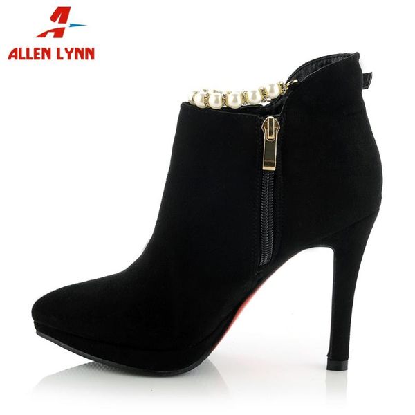 

allen new spring ladies platform high heels shoes woman pointed toe ankle boots women pearl decorating wedding boots, Black