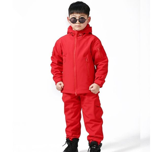 

kids fleece tactical sets children outdoor hiking clothes military hunting windproof warm suit camping hooded jacket+pants a9290