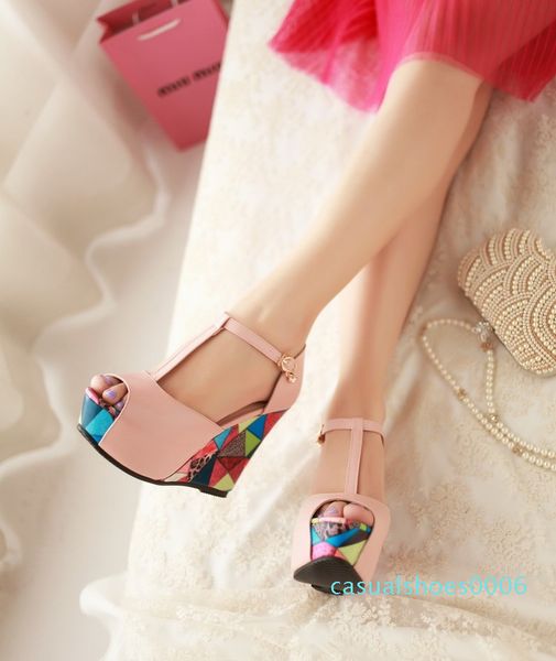 

sandals wedge t-strap new pu woman shoes big 40 41 42 43 44 small 33 high heel 11cm platform 4cm size 32-45 c06, Black