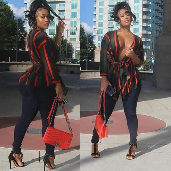 

women striped deep v neck shirts fashion designer panelled tshirts with sashes womens asymmetrical clothes, White