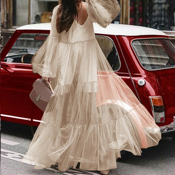 

vonda maxi dress women 2019 autumn dress v-neck lantern long sleeve high waist party dresses long vestidos plus size robe, Black;gray