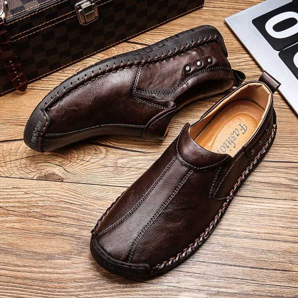 

summer leather casual shoes men fashion slip on loafers male comfortable soft men shoes classic flat male loafers big size, Black