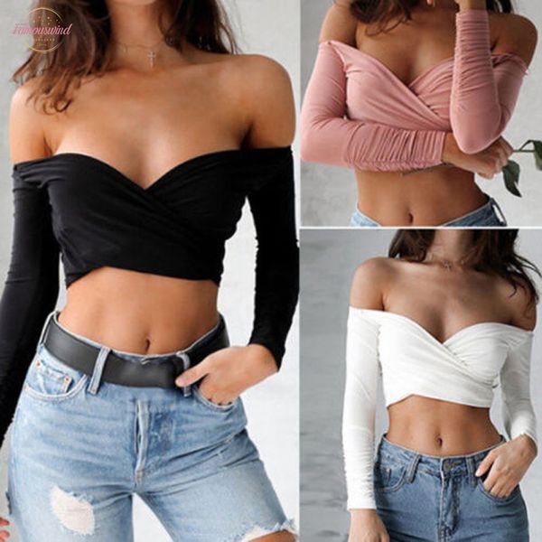 

2020 deep v neck cross short solid bloues women long sleeve off shoulder shirt blouses summer female, White
