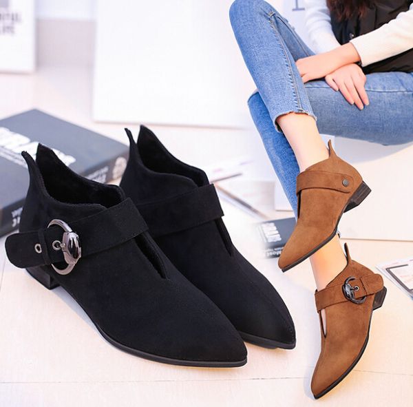 

2019 autumn and winter new low-heeled belt buckle women's shoes hollow flat martin boots female british wind single boots, Black