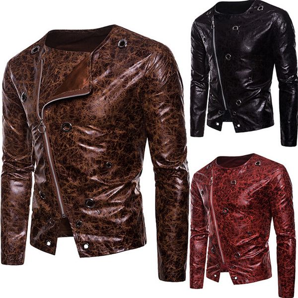 

men's pu leather zipper coat motorcycle slim jacket biker outwear side zipper punk fashion leather jacket autumn streetwear, Black;brown