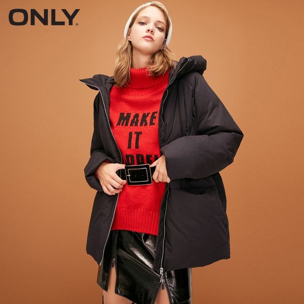 

only women's hood drawstring loose fit medium style down jacket |118312594, Black
