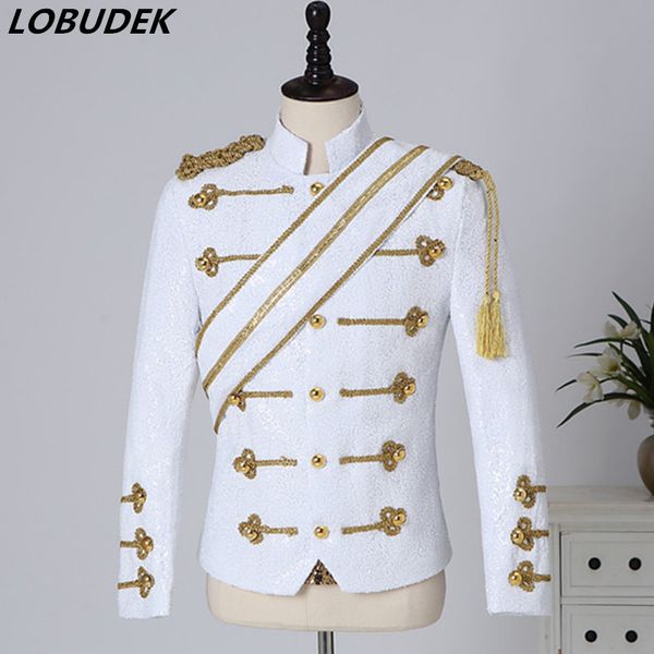 

england style court dress vintage black white sequins stand collar jacket slim coat nightclub bar men's band rock singer costume, Black;brown