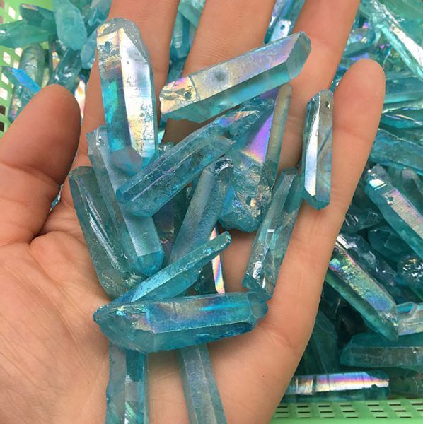 2019 Mavi Aura Titanyum Temizle Kuvars Kolye Doğal Ham Kristal Değnek Noktası Kaba Reiki Şifa Prizma Küme Kolye Charms Craft