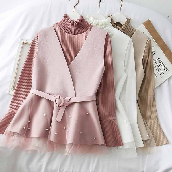 

two piece dress 2021 fashion women's clothing two-piece suit autumn vest + t-shirt, White