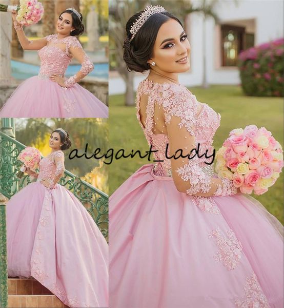 

розовый сладкие 16 quinceanera платье 2020 бальное платье vintage lace длинные рукава 3d цветочные vestidos 15 anos плюс размер pageant пром, Blue;red