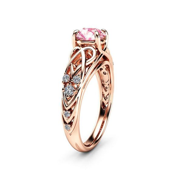 

huitan romantic pink stone setting wedding rings with special twist heart design band luxury rose gold color engagement ring, Slivery;golden