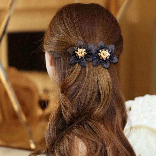 

korean new elegant yarn hairpin flower ponytail spring clip crystal hair clips bridal headdress for women hair accessories, Golden;white