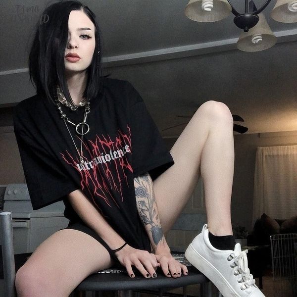 

streetwear harajuku letter print summer punk gothic cap sleeve t shirts loose fashion women short sleeve casual vintage women black tees, White