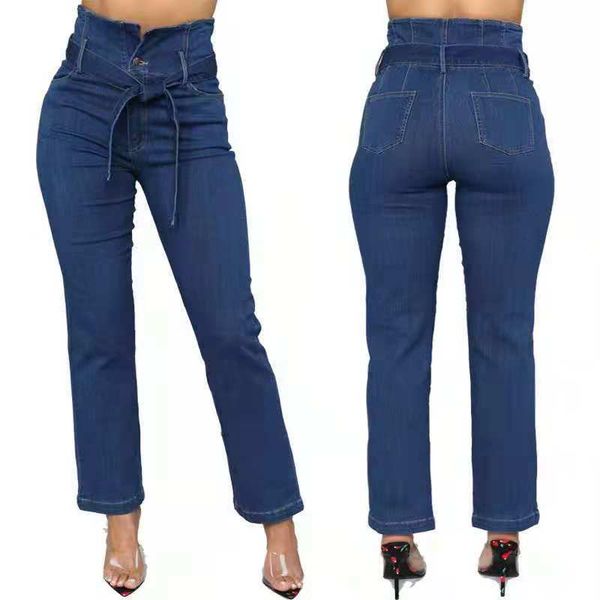 

womensseason high waist stretch straight jeans women, Blue