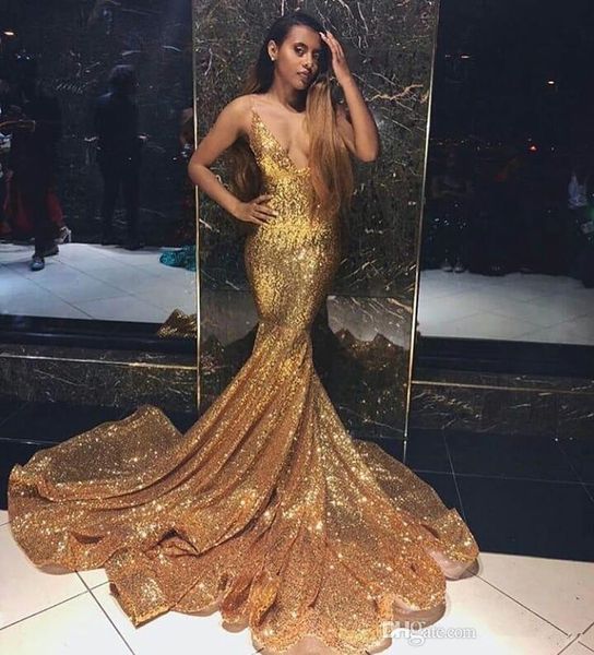 

gold sparkling sequins mermaid prom dresses long deep v neck beaded stones backless sweep train party evening gowns robes de soiree, Black;red