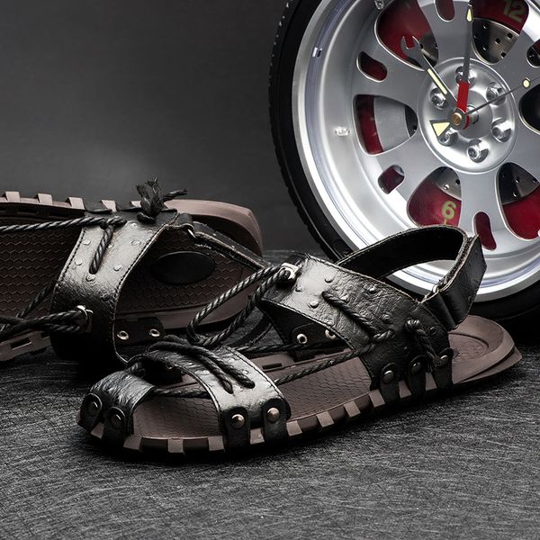 

men sandals genuine leather summer beach shoes men's sandal shoes male handmade roman comfortable outdoor sneakers big size 47, Black