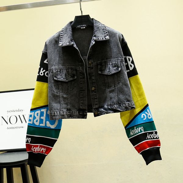 

autumn loose coat woman short 2019 letter split sleeve spelling color cowboy jacket tide tide, White;black