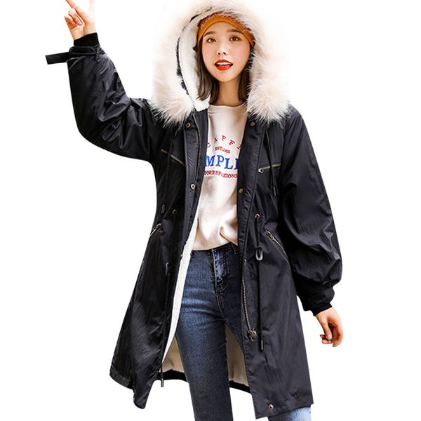 

women's winter long park coat female warm thick vintage hoodie drawstring parka plush zipper pocket ladies solid color outerwear, Black