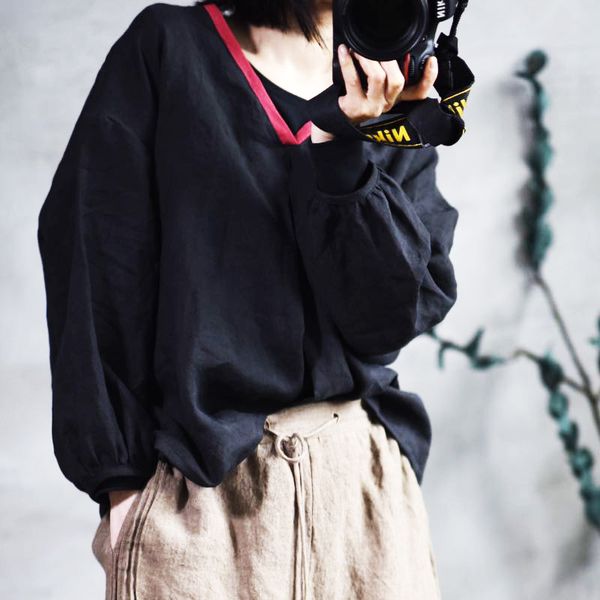 

women loose v neck linen shirt 2020 spring summer flax shirt female plus size simple patchwork shirts blouse, White